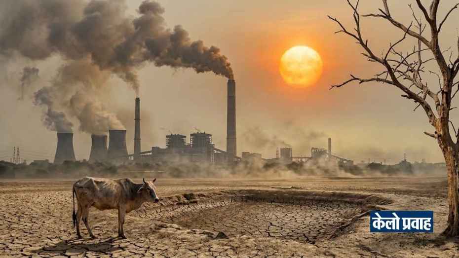 Intense heatwave in Raigarh and Raipur Chhattisgarh with industrial chimneys smoke and parched earth impact